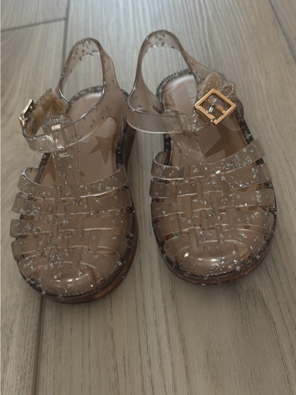 Mini Melissa Clear Jelly Sandals with Silver Glitter and Gold Buckles